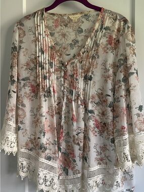 Adiva Cream Sheer Floral Pintuck Blouse with Pink and Green Accents